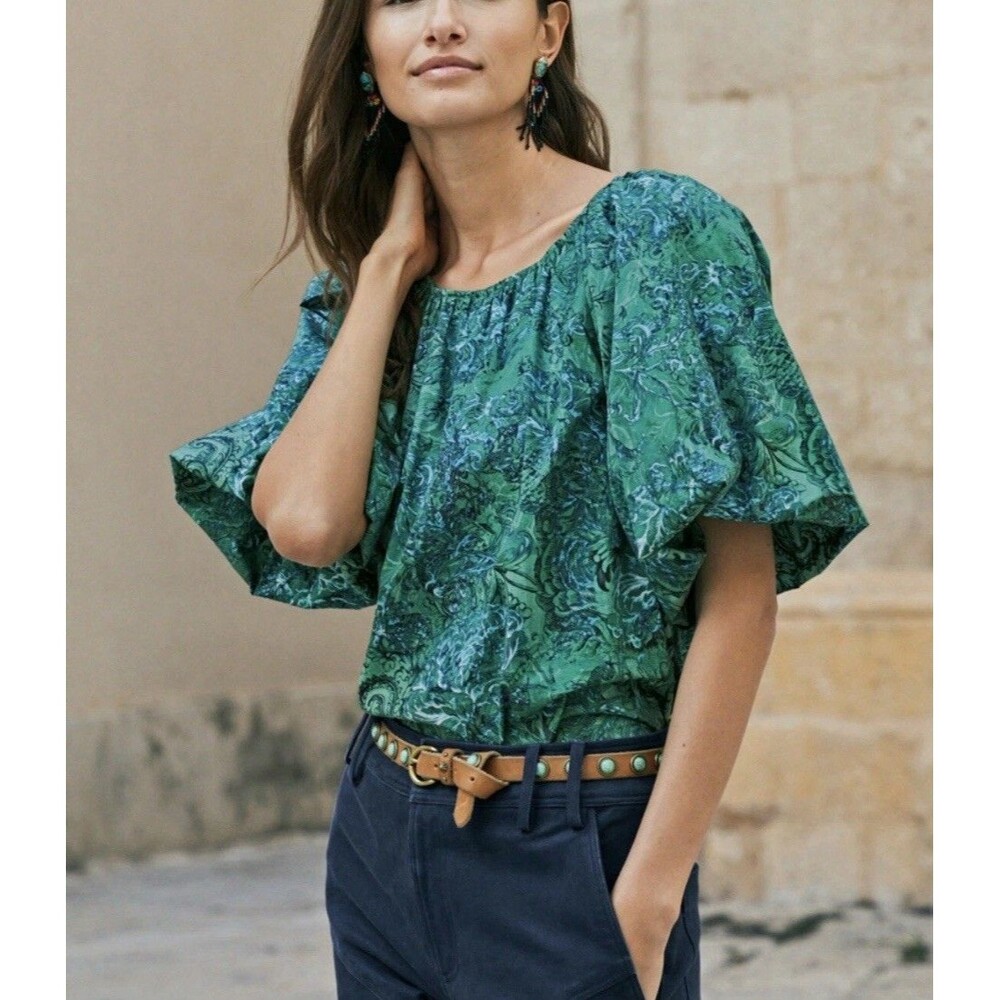 Peruvian Connection Al Fresco Balloon Puffy Sleeves Top Stretch Poplin Paisley S